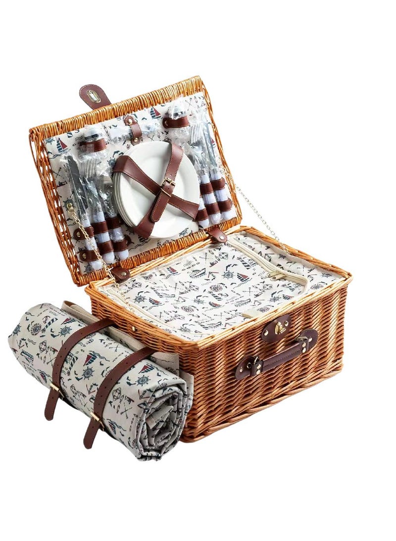 Y&D Picnic Basket Set With Mat Picnic Set Hamper For 4 With Waterproof Picnic Blanket Willow Picnic Service Gift Set For Camping Outdoor - Image 1