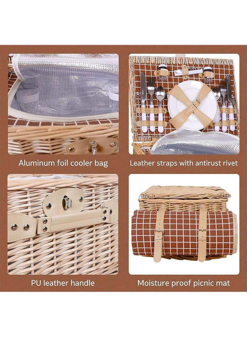 Y&D Picnic Basket Set With Mat Picnic Set Hamper For 4 With Waterproof Picnic Blanket Willow Picnic Service Gift Set For Camping Outdoor - Image 4