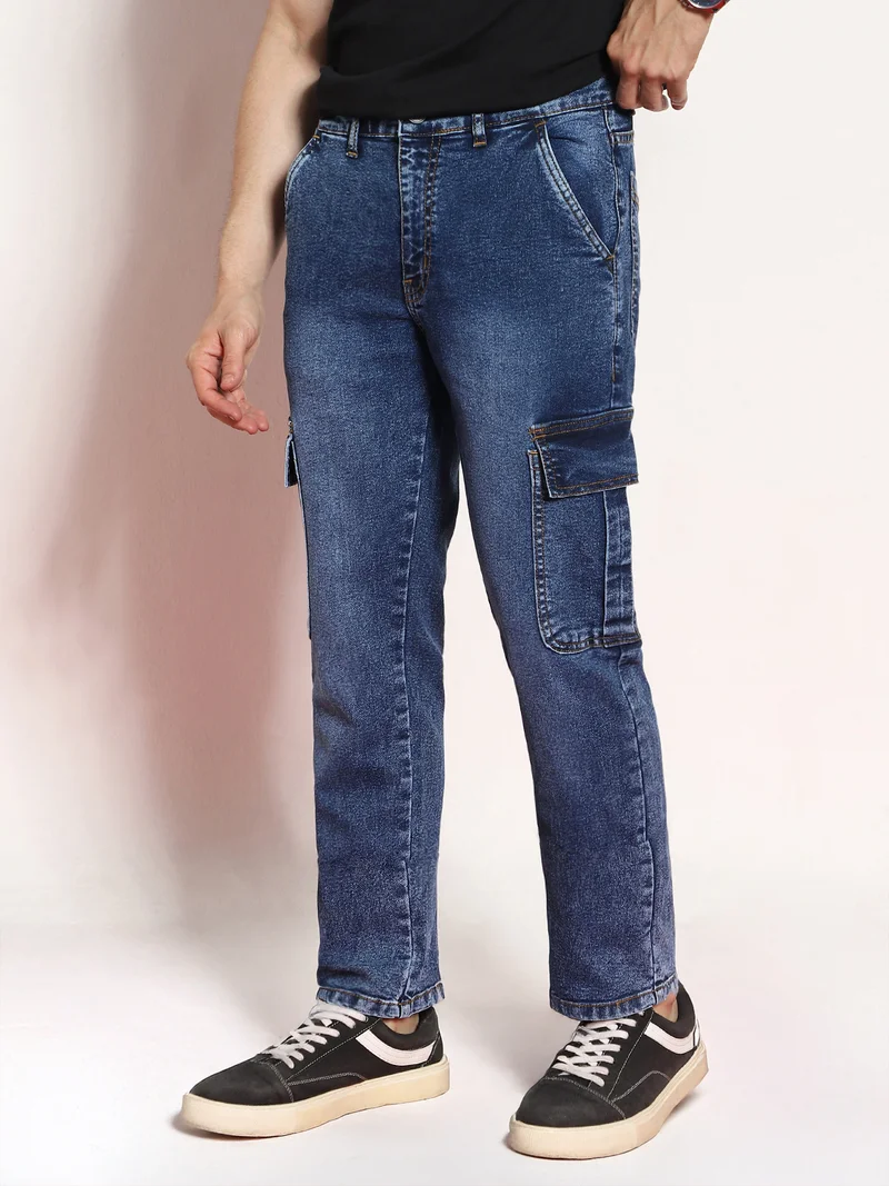 Urbano Fashion Men's Blue Regular Fit Washed Cargo Jeans with 6 Pockets Stretchable