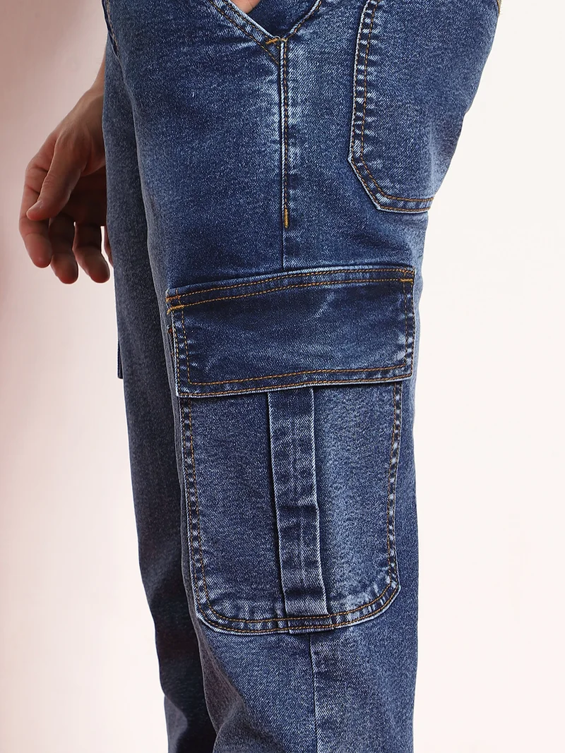 Urbano Fashion  Urbano Fashion Men's Blue Regular Fit Washed Cargo Jeans with 6 Pockets Stretchable  | Best Price UAE