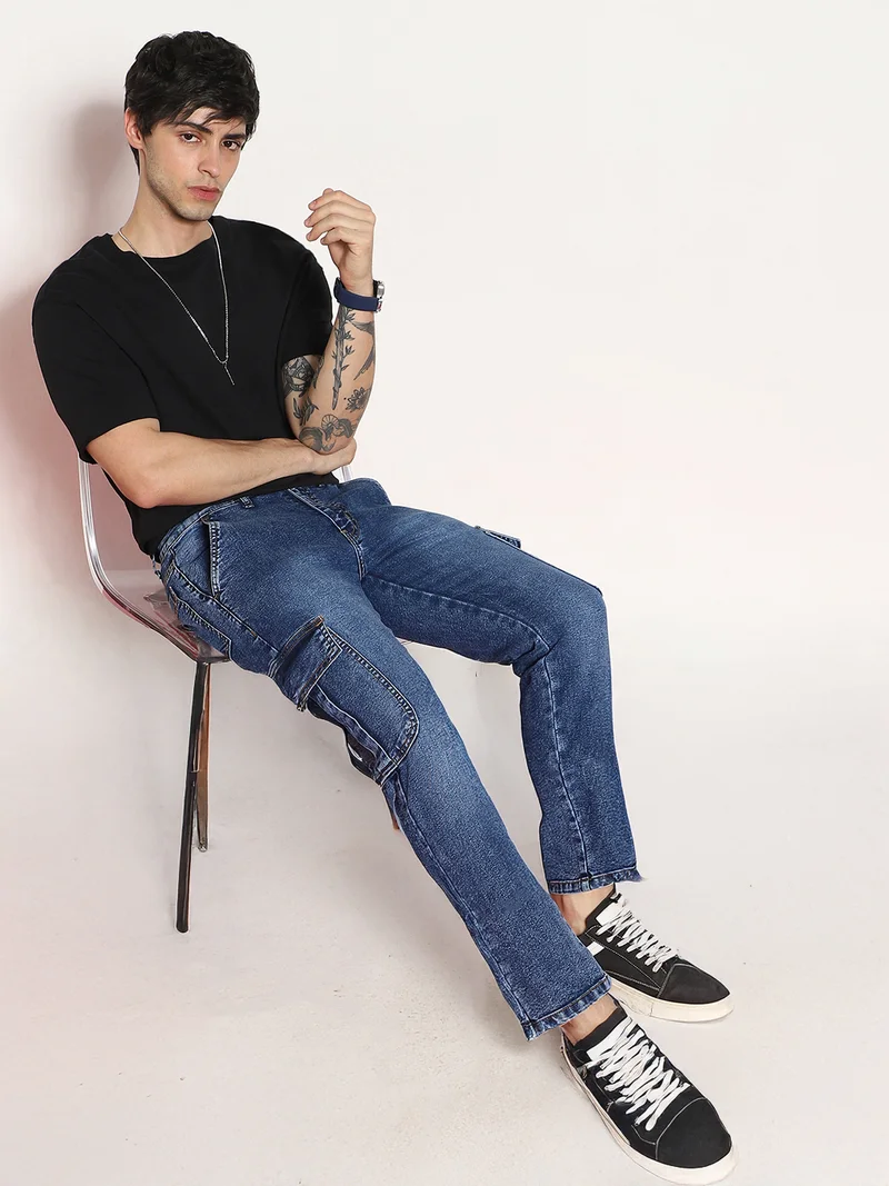 Urbano Fashion  Urbano Fashion Men's Blue Regular Fit Washed Cargo Jeans with 6 Pockets Stretchable  | Best Price UAE
