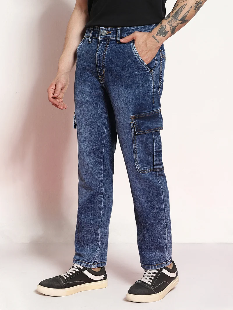 Urbano Fashion  Urbano Fashion Men's Blue Regular Fit Washed Cargo Jeans with 6 Pockets Stretchable  | Best Price UAE