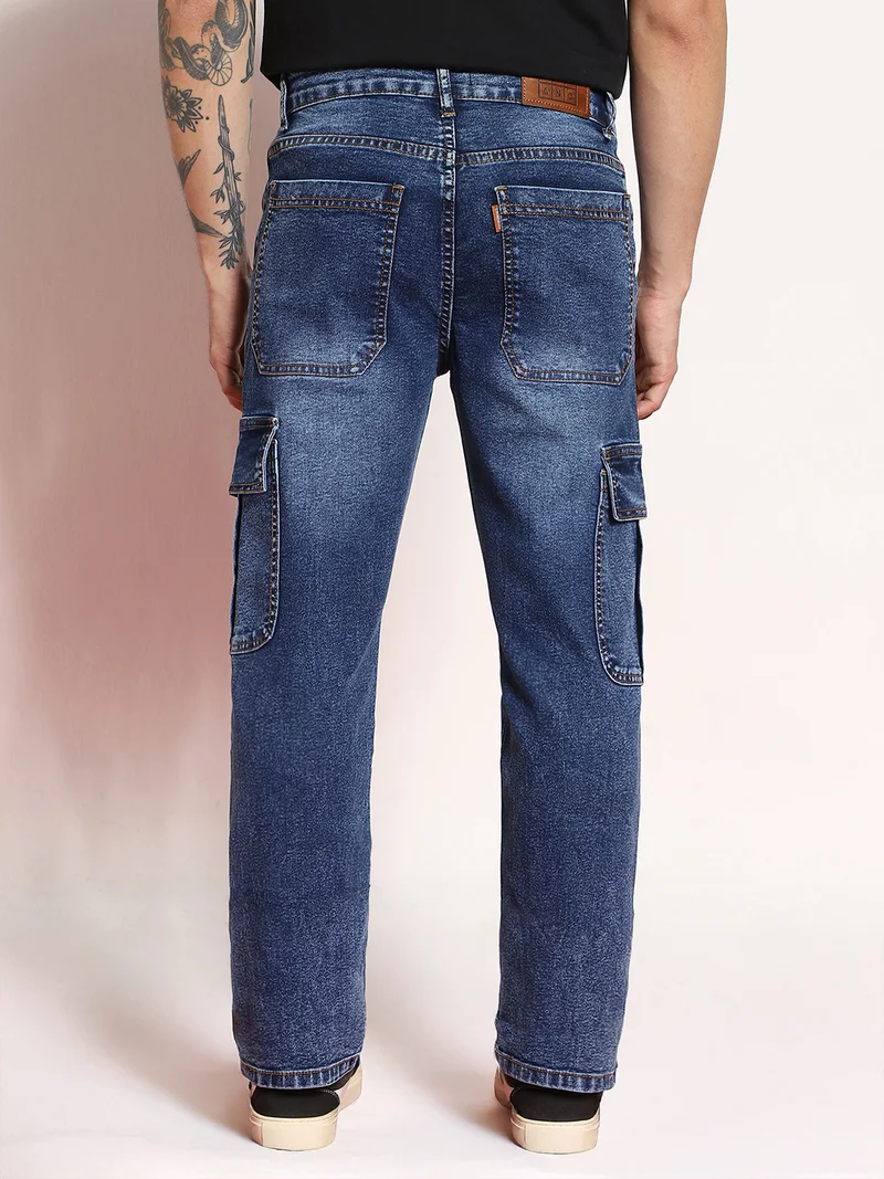 Urbano Fashion  Urbano Fashion Men's Blue Regular Fit Washed Cargo Jeans with 6 Pockets Stretchable  | Best Price UAE