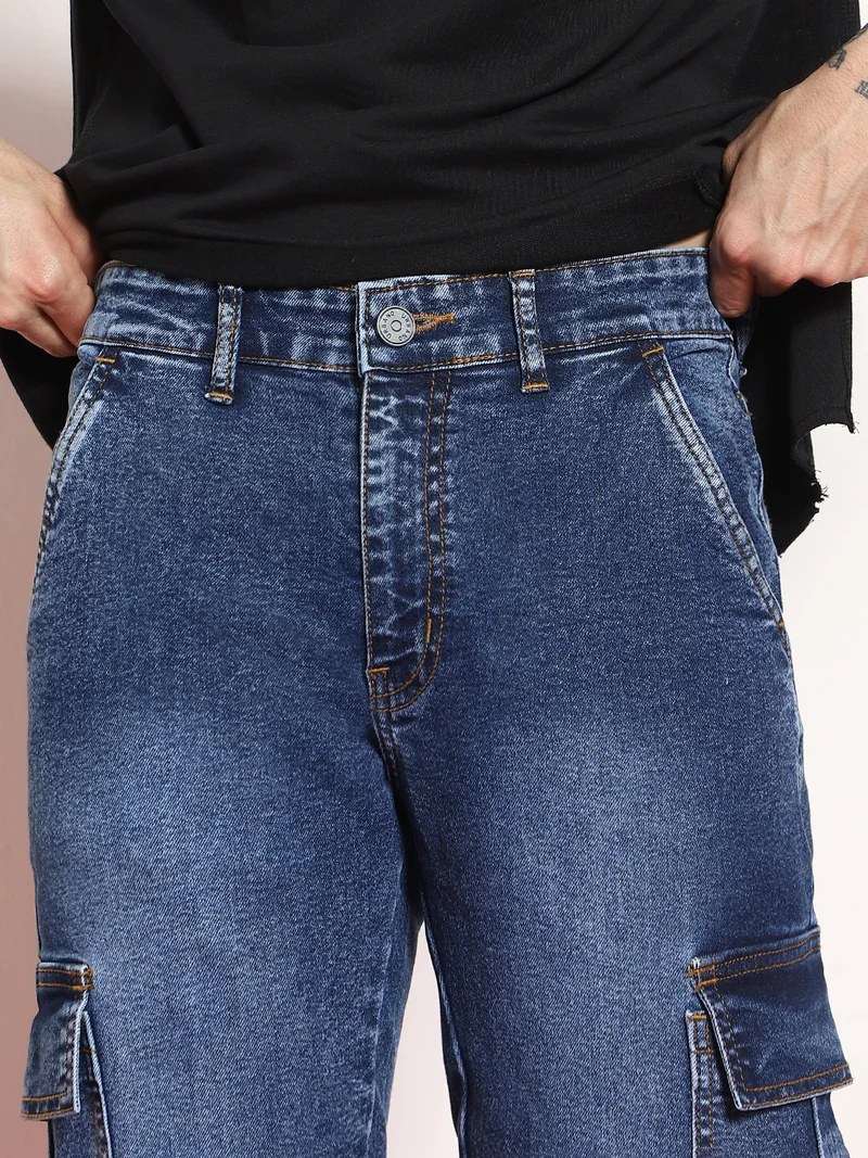Urbano Fashion  Urbano Fashion Men's Blue Regular Fit Washed Cargo Jeans with 6 Pockets Stretchable  | Best Price UAE