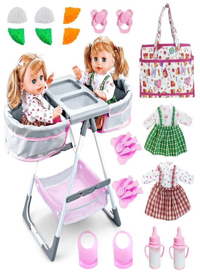 RedCrab Baby Doll Toys Set, Dual-seat High Chair Toy with 2 Dolls, Clothes, Bag & Feeding Accessories ,20+ Pcs Pretend Play Set for Toddlers - Image 1