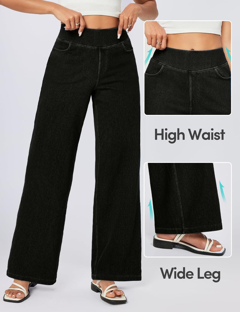 IUGA Wide Leg Jeans Woman High Waisted Pull On Baggy Jeans for Women Stretchy Trendy Womens Jean Straight Casual Denim Pants Black - Image 4