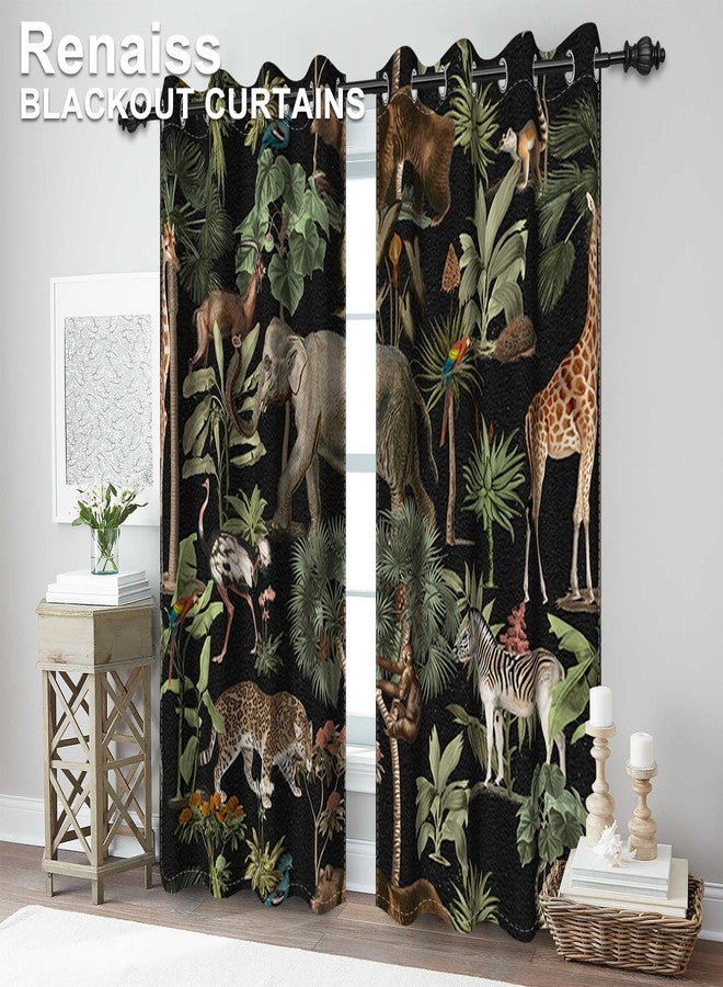 Renaiss Tropical Jungle Animal Blackout Curtain Forest Safari Wildlife Animals World Pattern Printed Curtains Giraffe Elephant Room Darkening Energy Saving Grommet Curtains 53" W x 84" L, 2 Panels - Image 2