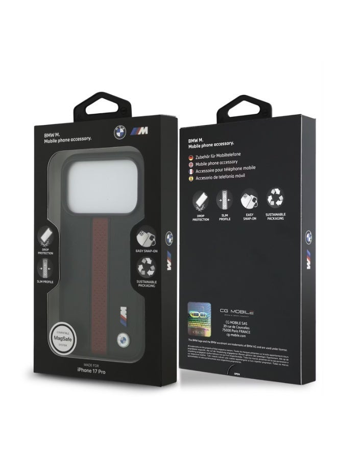 بي إم دبليو جراب BMW من جلد البولي يوريثان مع خطوط مثقبة وشعارات معدنية لهاتف iPhone 17 Pro، متوافق مع MagSafe، تغليف مستدام، حماية من السقوط، تصميم رفيع، تصميم سهل التركيب - أسود / أحمر - Image 2