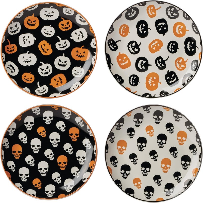 ONEIDA Dinnerware Set, Vintro Halloween Accent Plates, Assorted Set of 4, Porcelain, Dishwasher Safe, Microwave Safe, Halloween Decor Indoor, Skulls, Pumpkins, Spooky Decorative Plates (4 Piece) - Image 1