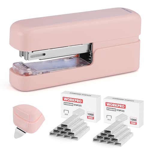 WORKPRO 2-in-1 Stapler with Staples, Pink Stapler with Staple Remover, 40 Sheet Capacity, Flat Clinch, Storage Space, Includes 2000 Standard Staples - Non-Slip Office Staplers for Desk, Pink Ribbon - Image 1