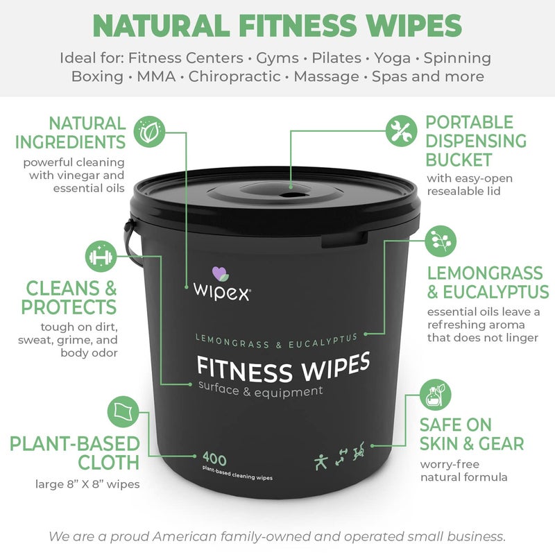 Wipex Yoga Mat Cleaner Wipes - Plant-Based Lemongrass, Eucalyptus & Vinegar Wipes for Gym & Fitness Equipment & All Purpose Gym Cleaning - Safe for Peloton Bikes & Treadmills - 400 Count - Image 3