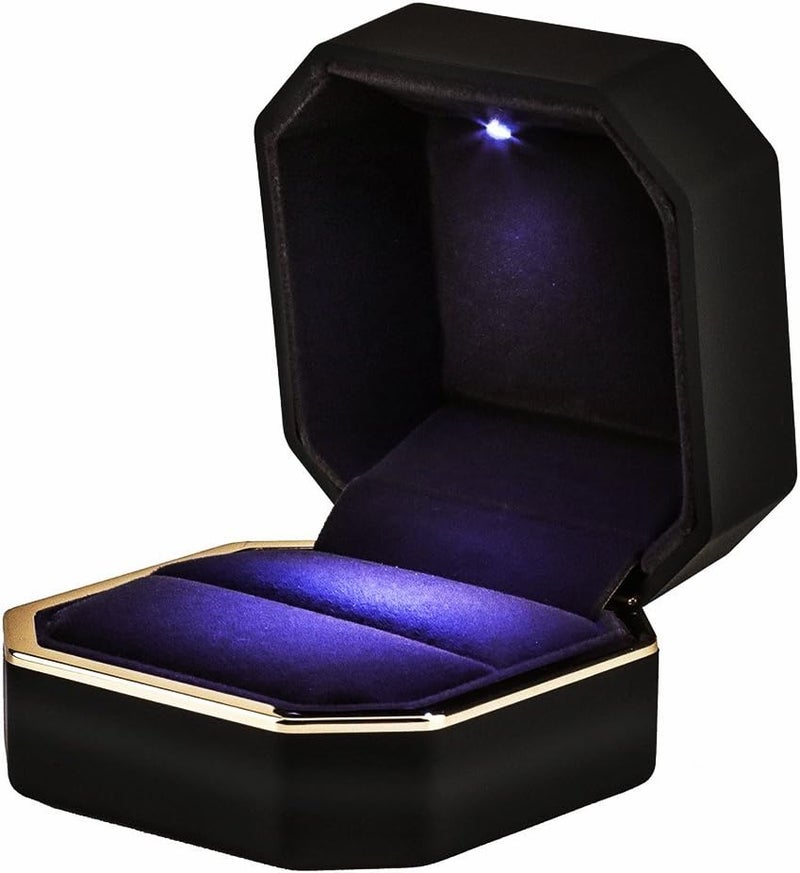 AVESON Luxury Ring Box, Square Velvet Wedding Ring Case Jewelry Gift Box with LED Light for Proposal Engagement Wedding, Black - Image 1