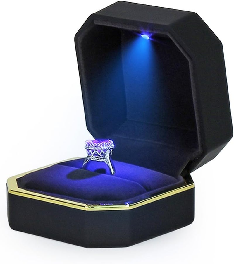 AVESON Luxury Ring Box, Square Velvet Wedding Ring Case Jewelry Gift Box with LED Light for Proposal Engagement Wedding, Black - Image 3