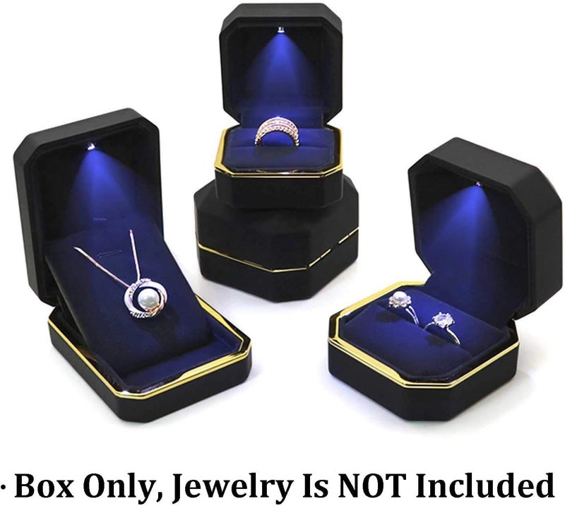 AVESON Luxury Ring Box, Square Velvet Wedding Ring Case Jewelry Gift Box with LED Light for Proposal Engagement Wedding, Black - Image 5