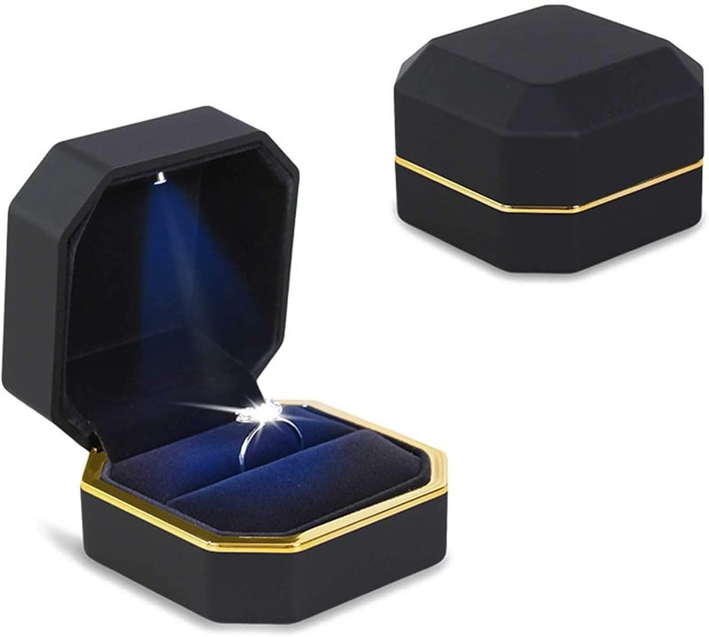 AVESON Luxury Ring Box, Square Velvet Wedding Ring Case Jewelry Gift Box with LED Light for Proposal Engagement Wedding, Black - Image 4