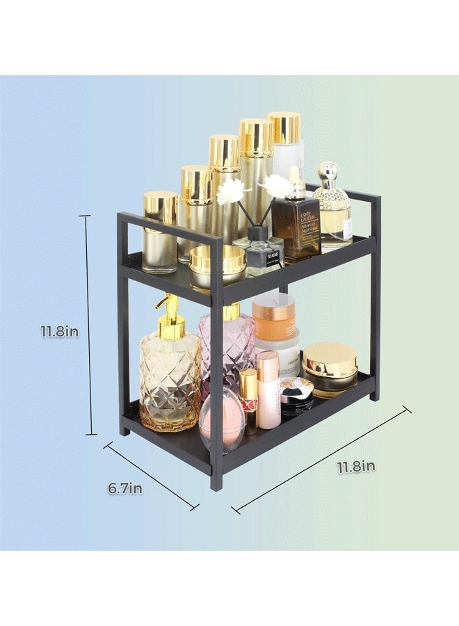 شو وو منظم سطح العمل من طبقتين للحمام - رف منظم مستحضرات التجميل ورف تخزين لغرف النوم والمكاتب ومنضدات المطبخ وتحت الأحواض (أسود) - Image 2