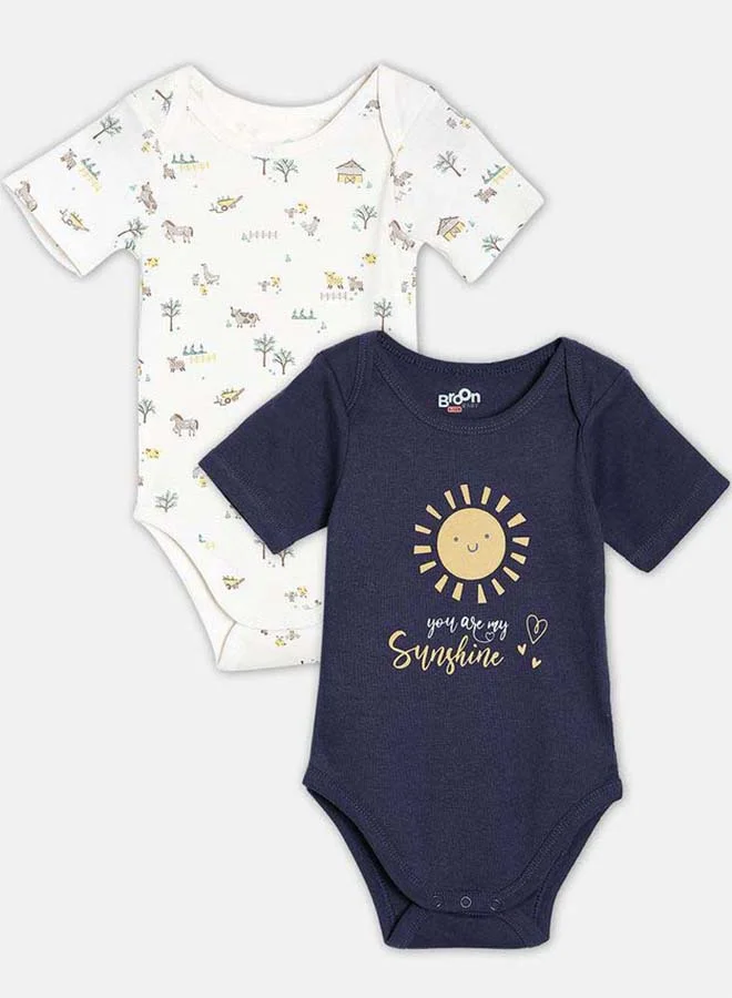 Broon Broon Infant Boys White and Navy Blue Printed Organic Cotton Bodysuit Pack of 2