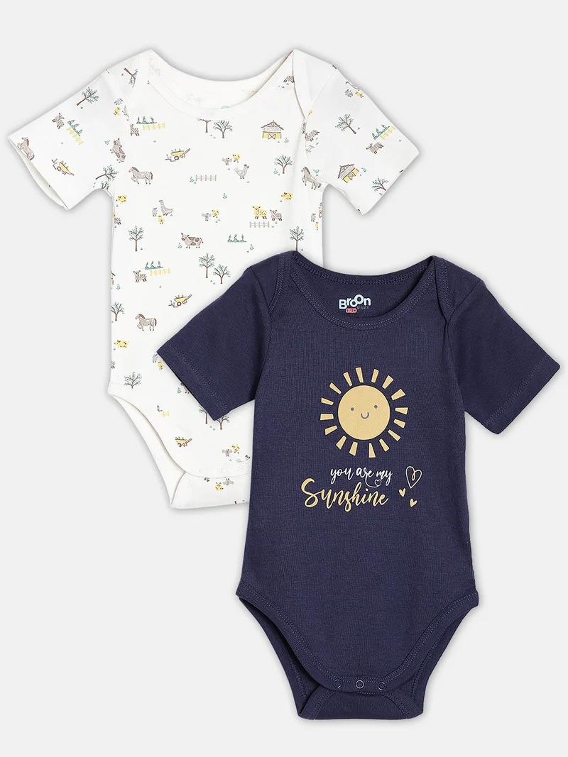 Broon Broon Infant Boys White and Navy Blue Printed Organic Cotton Bodysuit Pack of 2