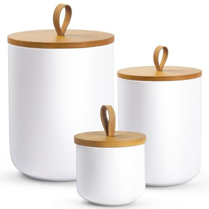 YUNLINLI 3-Piece Ceramic Canisters Set,Airtight Food Storage Jars with Bamboo Lids for Kitchen Countertop,Flour Sugar Coffee Tea Pasta Cookie Container,White Decorative Pantry Organization Jars - Image 1