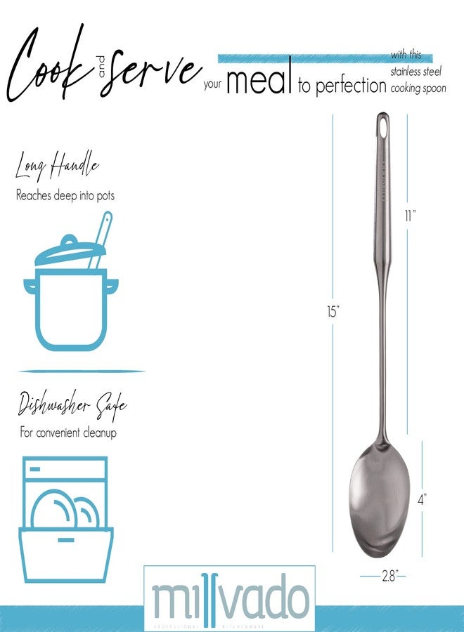 Millvado Stainless Steel Big Cooking Spoon, Kitchen Utensils and Gadgets, 15 Inch Large Spoon For for Cooking, Basting, Serving, Dishwasher Safe Metal Utensil, Durable, Solid Construction - Image 2