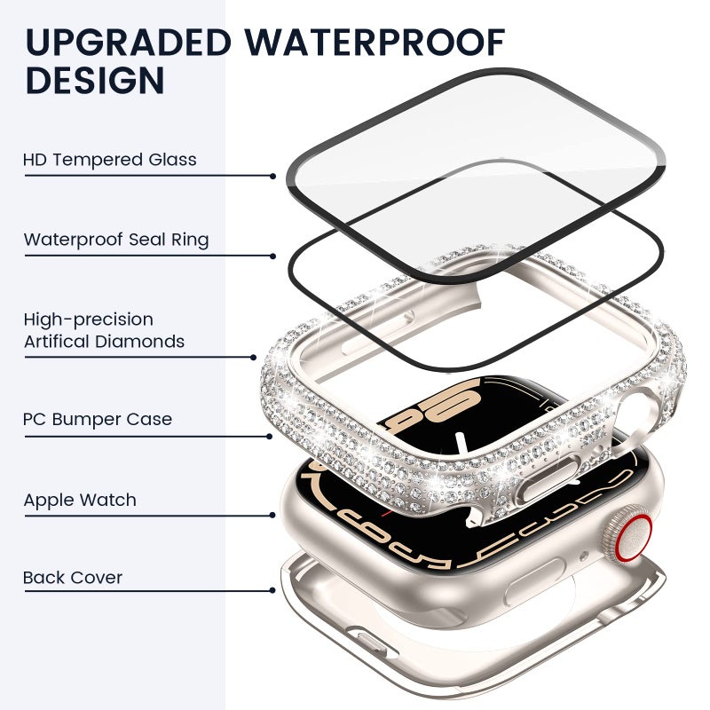 Tensea [2 in 1 for Waterproof Apple Watch Screen Protector Case Series 9 8 7 41mm Accessories, iWatch Hard Diamond Front and Back Bumper Case with Tempered Glass Film, Bling Face Cover Women, 41 mm - Image 3