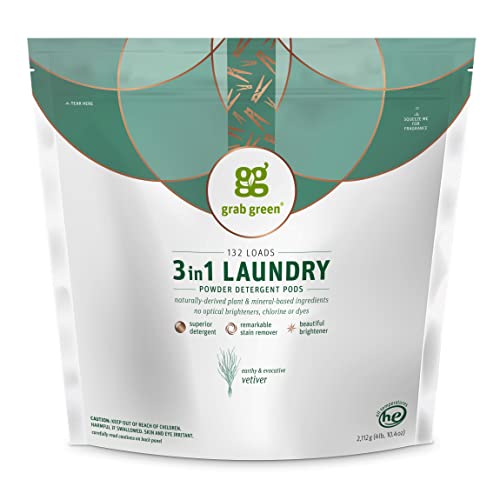 Grab Green 3-in-1 Laundry Detergent Pods, 132 Count, Vetiver Scent, Plant and Mineral Based, Superior Cleaning Power, Stain Remover, Brightens Clothes - Image 1