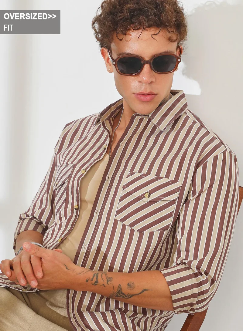 Campus Sutra Campus Sutra Men's Chocolate Brown & Khaki Beige Candy Striped Oversized Shirt For Casual Wear | Spread Collar | Long Sleeve | Button Closure | Oversized Shirt Crafted With Comfort Fit For Everyday Wear