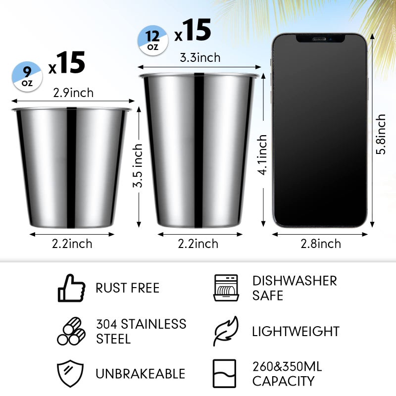 Potchen 30 Pack Stainless Steel Cups Metal Pint Cups Unbreakable Drinking Glasses Stackable Drinking Cups Tumbler for Home Travel Camping Everyday Use(17 oz, 12 oz) - Image 2