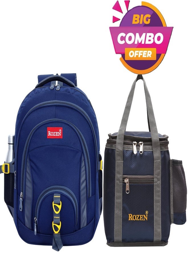 ROZEN 5 Compartments Combo Shool & Lunch Bag Casual Multipurpose Backpack For Students, Water Resistant, Unisex Design, Stylish & Durable (Navyblue), 50 Litres - Image 2