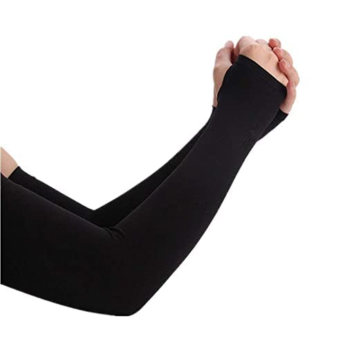 Aksmit Sun Protection Arm Sleeves for Men & Women with Thumb Breathable, Hand Cover for Bike Riding, Golf, Cricket, Cycling, Yoga, Gym Sports (Black, 1 Pair) - Image 1