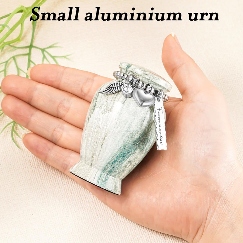 Dletay Small Urns For Human Ashes 2.85 Inch Mini Cremation Urns For Mom Dad Aluminum Mini Urns For Ashes-Lake Green Different Chains - Image 2