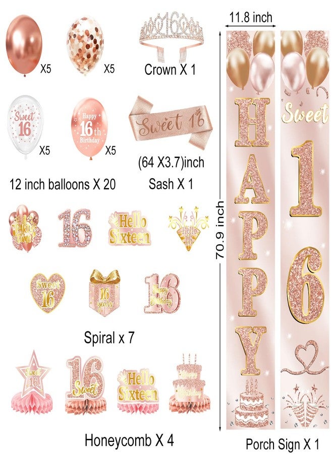 LINHAXM Sweet 16 Party Decorations - 16th Birthday Decorations Backdrop, Banner, Honeycomb Centerpieces, Hanging Swirls, Porch Banner, Balloons, Sash, Pom Poms, Crown - Image 3