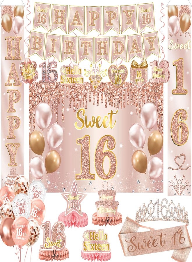LINHAXM Sweet 16 Party Decorations - 16th Birthday Decorations Backdrop, Banner, Honeycomb Centerpieces, Hanging Swirls, Porch Banner, Balloons, Sash, Pom Poms, Crown - Image 1