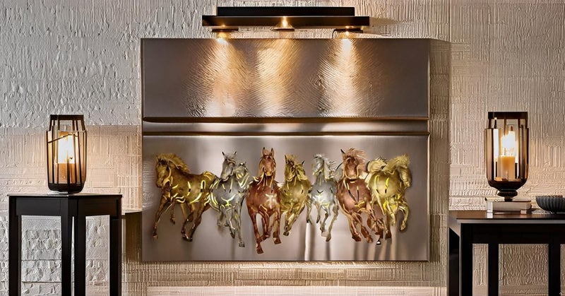 AntarYuga Metal 7 Running Horse small with LED Wall Artfor Home Living RoomBedroomOfficeHotelCafeFarmhouse43X5X75 Cm - Image 2