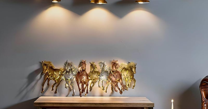 AntarYuga Metal 7 Running Horse small with LED Wall Artfor Home Living RoomBedroomOfficeHotelCafeFarmhouse43X5X75 Cm - Image 3