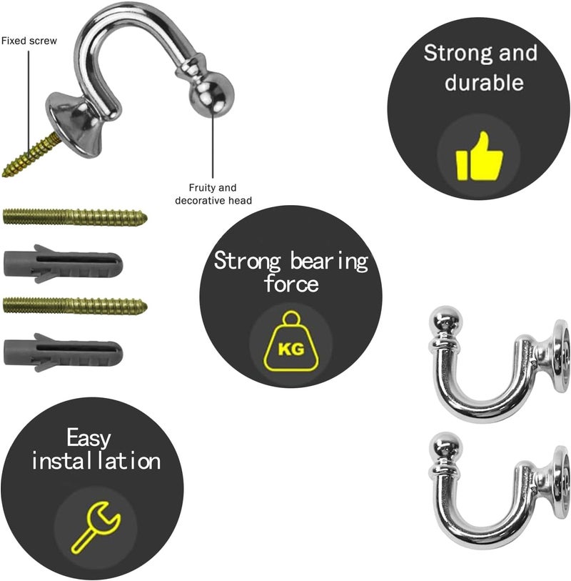 BRITECO 2PCS Silver U Shaped Curtain Tieback Hooks with Screws - Decorative and Durable Metal Holdbacks for Drapes, Curtains, and Window Treatments - Easy to Install, Space-Saving Design - Image 5