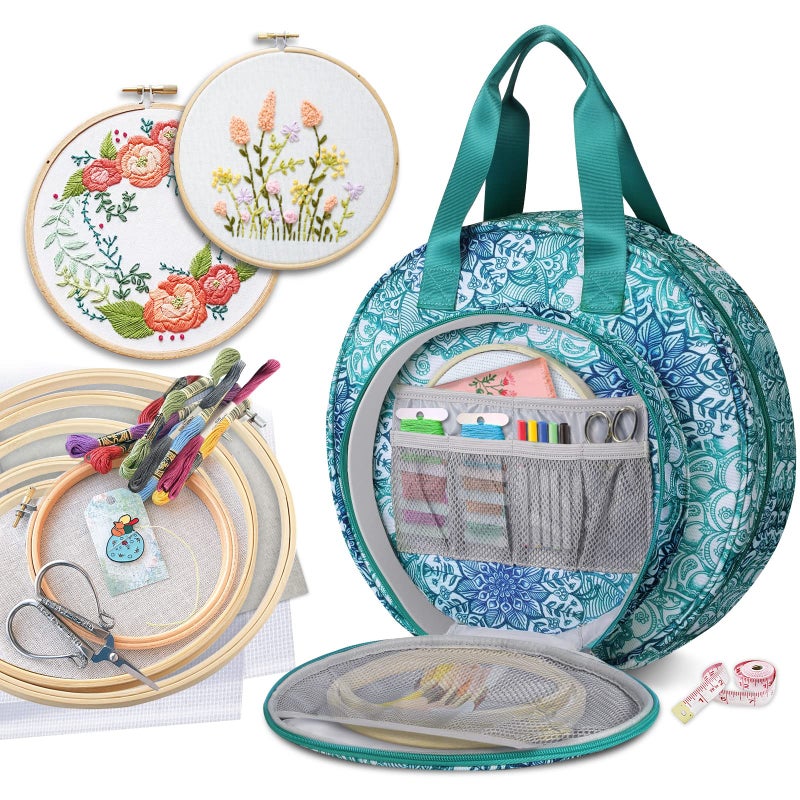 FINPAC Embroidery Project Bag Embroidery Supplies Storage Carrying Tote Case with Multiple Pockets for Floss Hoops Thread Stitch Tools Kit Bag Only Emerald Illusions