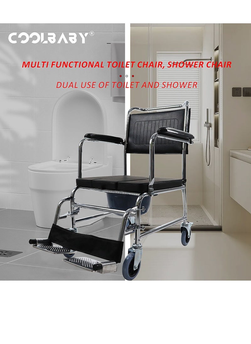 Cool Baby Style COOLBABY  Bedside Toilet Chair 4-in-1 Shower Toilet Wheelchair Rolling Transport Chair The Armrest Can Be Lifted  - Image 2