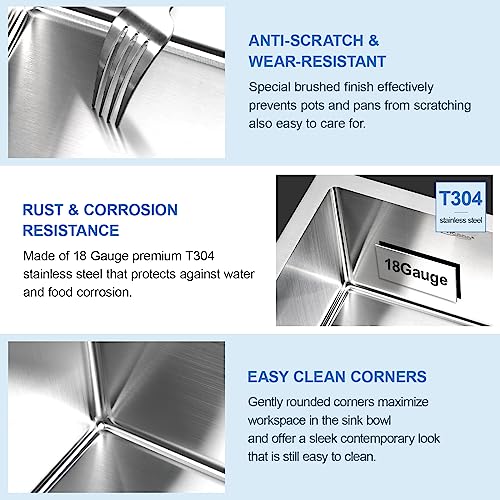 Suncano 15x15 Inch Bar Sink Undermount, 18 Gauge Stainless Steel Small Kitchen Sink, Handmade Single Bowl Wet Bar Sinks with Rinse Grid (Brushed) - Image 3