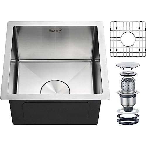 Suncano 15x15 Inch Bar Sink Undermount, 18 Gauge Stainless Steel Small Kitchen Sink, Handmade Single Bowl Wet Bar Sinks with Rinse Grid (Brushed) - Image 1