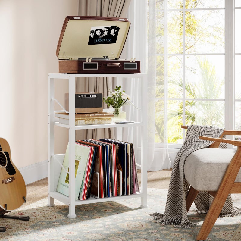 Hosfais 3 Tier Record Player Stand, Retro Vinyl Record Storage End Table Records Shelf for Living Room Bedroom (White) - Image 2