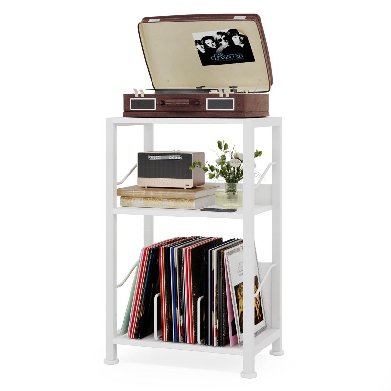Hosfais 3 Tier Record Player Stand, Retro Vinyl Record Storage End Table Records Shelf for Living Room Bedroom (White) - Image 1