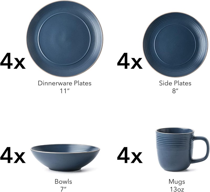 Arora RINGAR Round Stoneware 16pc Dinnerware Set of 4 Dinner Plates Side Plates Cereal Bowls Mugs  Speckle Matte Blue 428051 - Image 2