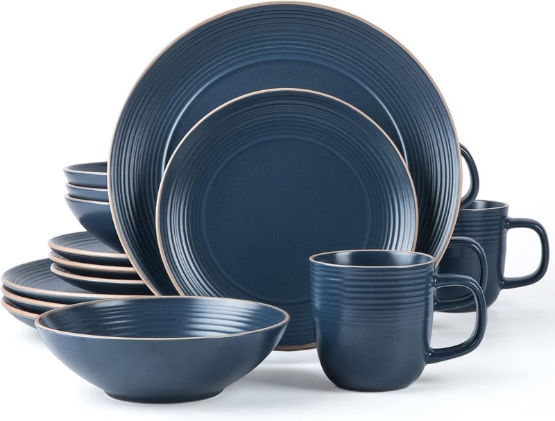 Arora RINGAR Round Stoneware 16pc Dinnerware Set of 4 Dinner Plates Side Plates Cereal Bowls Mugs  Speckle Matte Blue 428051 - Image 1