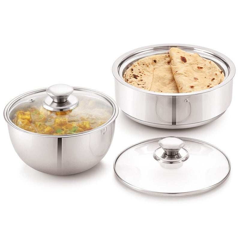 ANJALI ES2PCS Elite Pro Stainless Steel 1pc Gravy Bowl 1300 ml with Glass Lid 1 pc Roti Server 1600 ml Chapati Pot Serving Casserole - Image 1