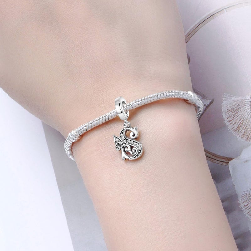PANPOKI 2 Pack 925 Sterling Silver Butterfly Letter Charms for Bracelets and Necklace Alphabet Dangle Pendants Round Spacer Beads Pave Cubic Zirconia Jewelry Gift for Women (S Set) - Image 3