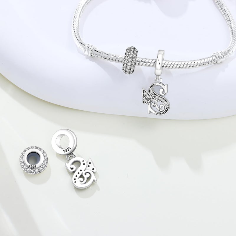 PANPOKI 2 Pack 925 Sterling Silver Butterfly Letter Charms for Bracelets and Necklace Alphabet Dangle Pendants Round Spacer Beads Pave Cubic Zirconia Jewelry Gift for Women (S Set) - Image 2