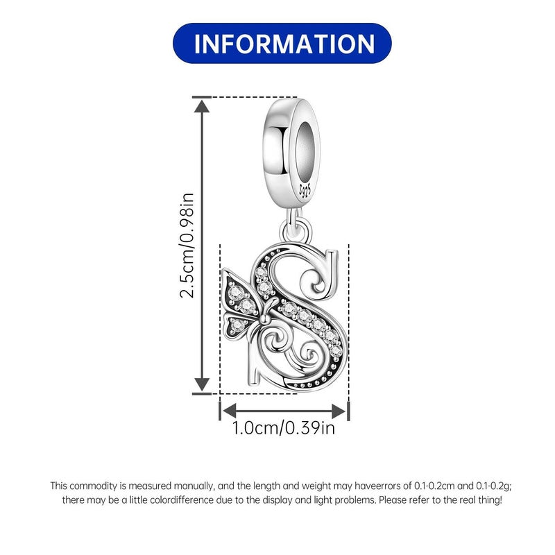PANPOKI 2 Pack 925 Sterling Silver Butterfly Letter Charms for Bracelets and Necklace Alphabet Dangle Pendants Round Spacer Beads Pave Cubic Zirconia Jewelry Gift for Women (S Set) - Image 5