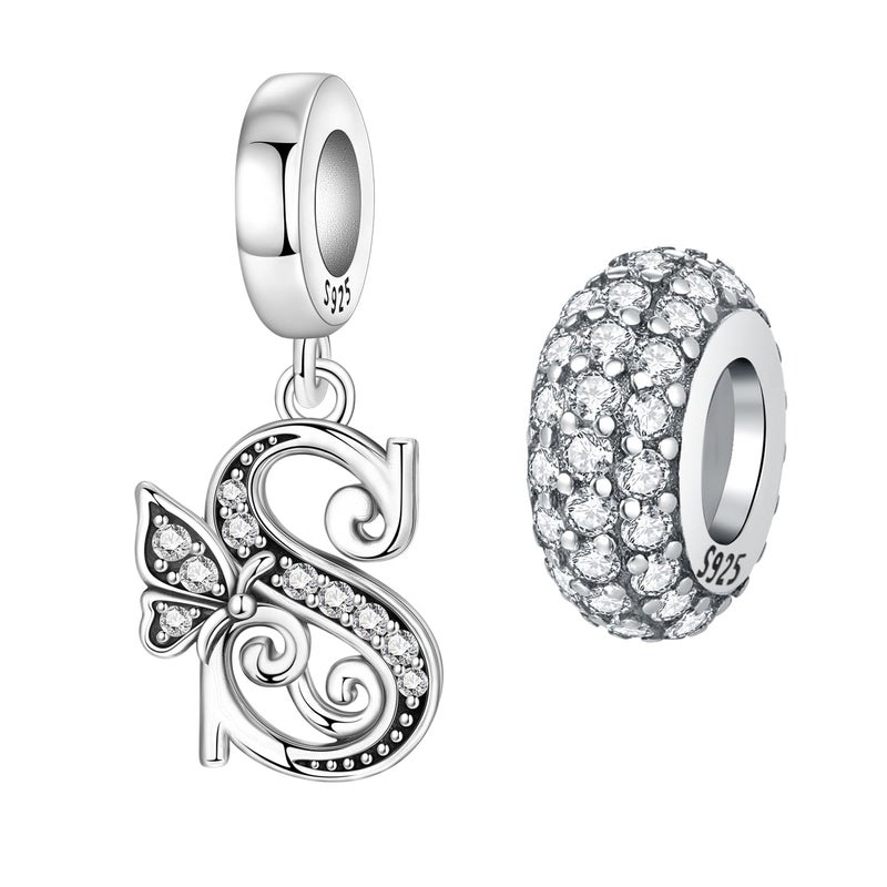 PANPOKI 2 Pack 925 Sterling Silver Butterfly Letter Charms for Bracelets and Necklace Alphabet Dangle Pendants Round Spacer Beads Pave Cubic Zirconia Jewelry Gift for Women (S Set) - Image 1