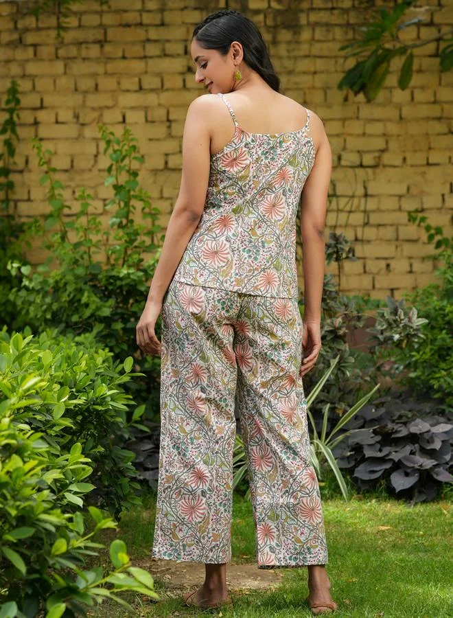sanskrutihomes Sanskrutihomes Floral Printed Pure Cotton Strappy Top and Pyjama Set